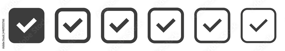 Set of check mark icons, square signs with tick. Checked icon or correct choice sign. Set of check mark icons, square signs with tick. Checked icon or correct choice sign.