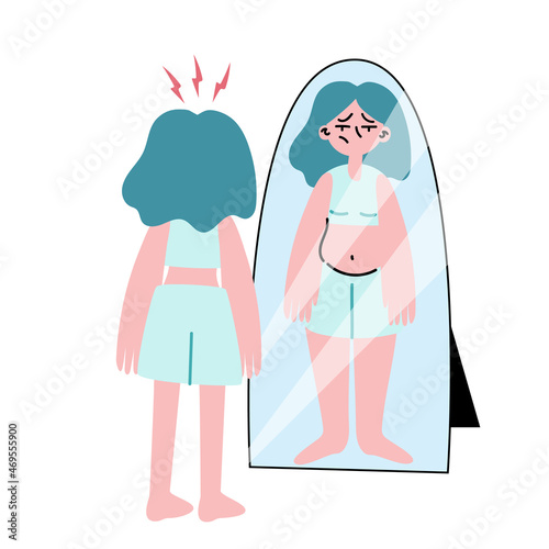 A thin girl looks in the mirror and considers herself fat and ugly. The person suffers from anorexia. Flat vector illustration.