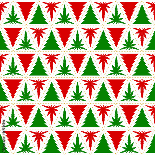 Marijuana leaves pattern and christmas tree. Green, red, white triangle geometric shapes. Seamless abstract background. Texture design for fabric, tile, cover, poster, wall. Vector illustration.