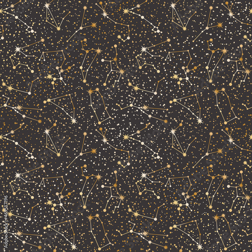Vector zodiac constellations. Celestial seamless pattern. Stylized astronomical star systems in gold color on a black. Background with astrological horoscope signs for wrapping paper and fabric
