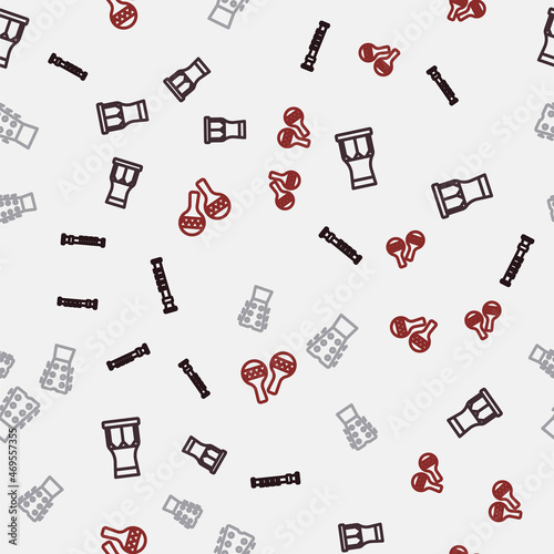 Set line Flute, African percussion drum, Guitar neck and Maracas on seamless pattern. Vector