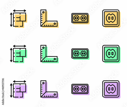 Set line Electrical outlet, House plan, Corner ruler and icon. Vector photo