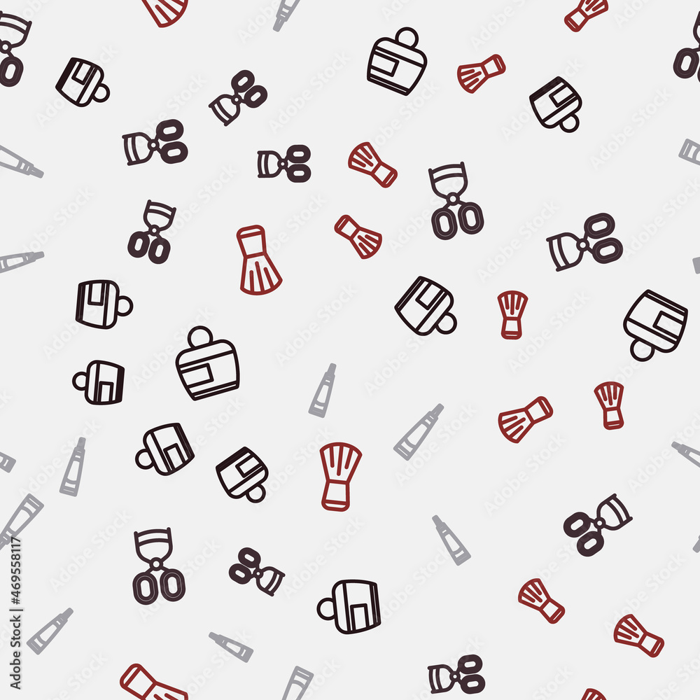 Set line Cream or lotion cosmetic tube, Eyelash curler, and Makeup brush on seamless pattern. Vector Set line Cream or lotion cosmetic tube, Eyelash curler, and Makeup brush on seamless pattern. Vector
