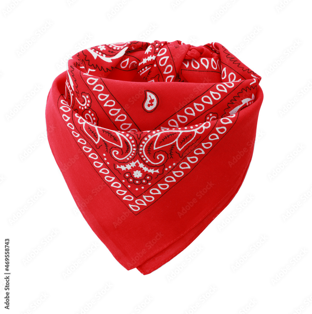 Tied red bandana with paisley pattern isolated on white - obrazy, fototapety, plakaty 