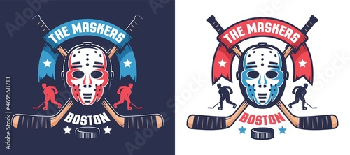 Hockey team logo with retro goalkeeper mask. Vintage emblem with hockey sticks and mask. Vector illustration.