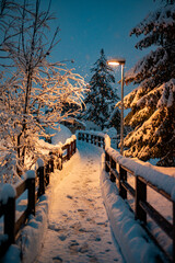 little city in winter forest on the mountains with snow and lights on backgrounds for christmas or new year promotion 