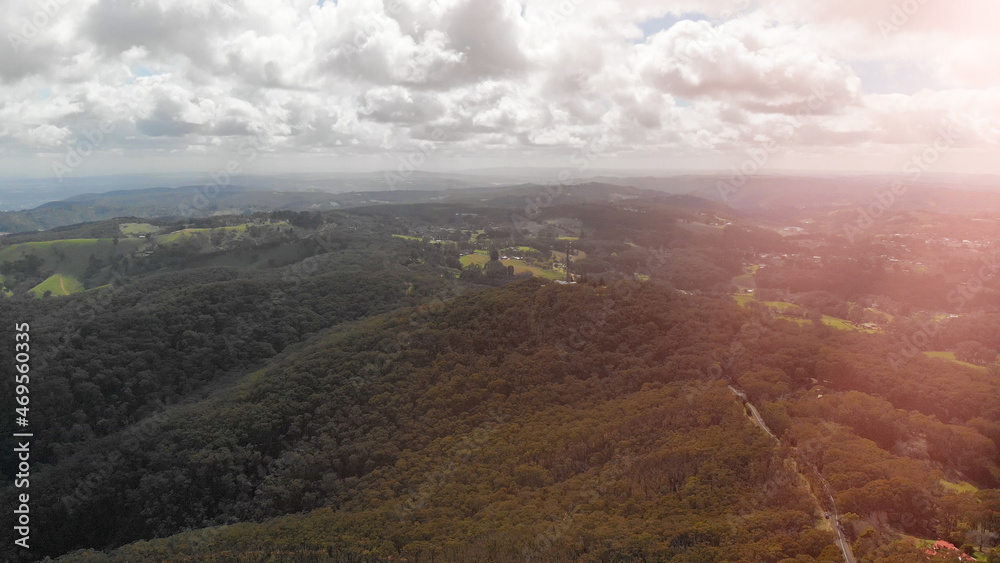 Adelaide countryside aerial panorama from Mount Lofty Conservation Park, Australia from drone