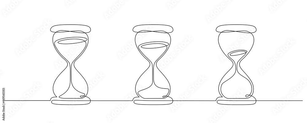 One continuous line drawing of hourglasses with flow sand. Set of three vintage timers as Countdown concept in simple linear style. Doodle vector illustration