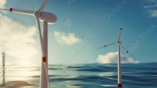 3D-Illustration of a renewable energy concept, camera flying through wind turbines at sea