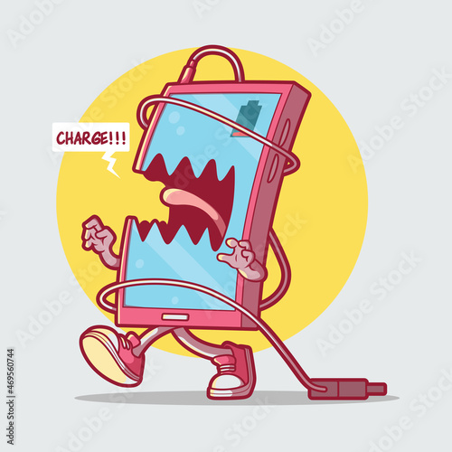 Smartphone looking for charge vector illustration. Technology, power, funny design concept.