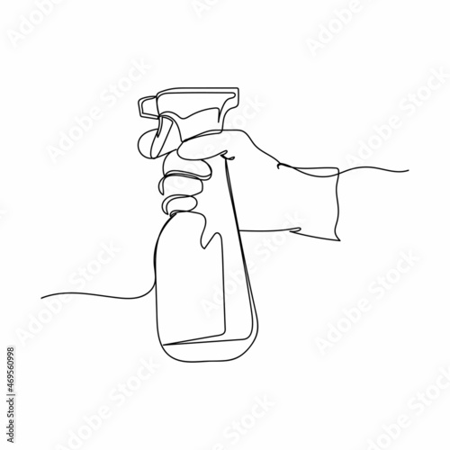 Vector continuous one single line drawing icon of hand in glove holding a bottle of cleaning detergent in silhouette on white background. Linear stylized.