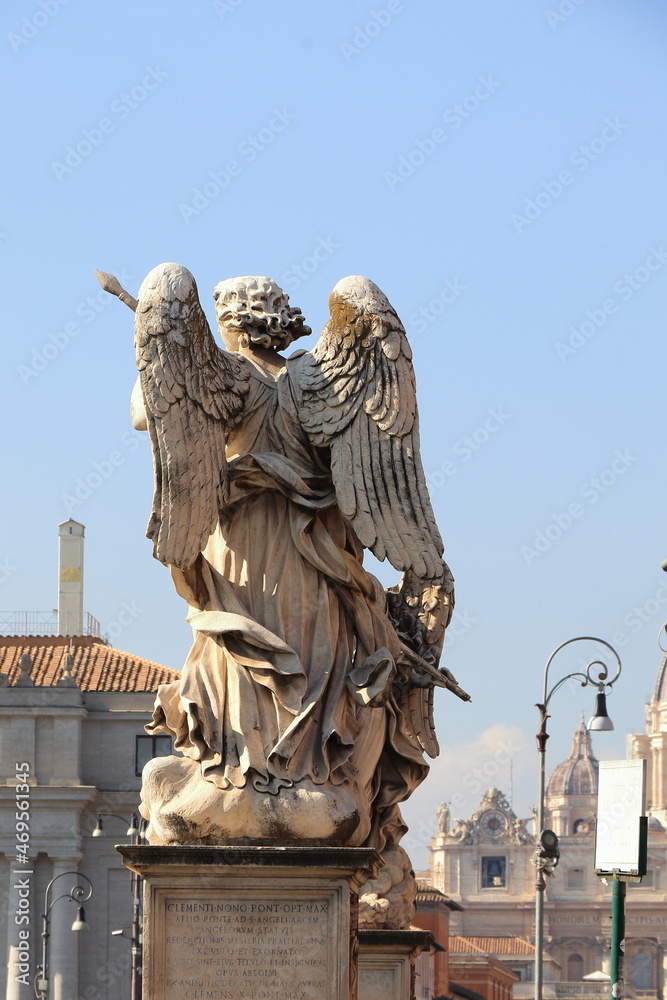 Angel with the Lance Back View on the Ponte Sant'Angelo Bridge in Rome, Italy