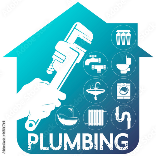 Wrench in plumbing hand on the background of the house symbol