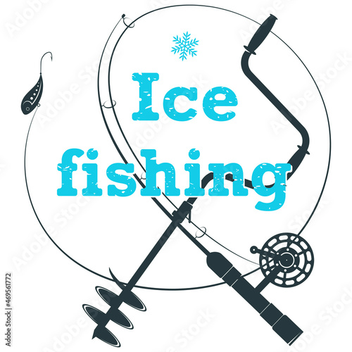 Winter fishing symbol. Winter fishing rod and drill