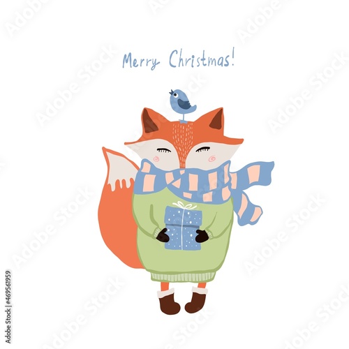 cute fox with present box and small bird, holiday illustration, vector clipart with cartoon character good for card and print design