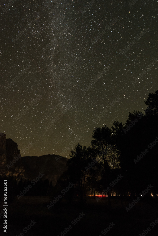 Great starry night with view of the Milky Way in the Yosemite Valley