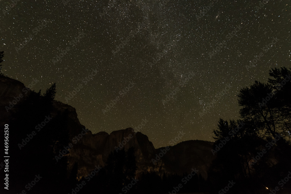 Great starry night with view of the Milky Way in the Yosemite Valley