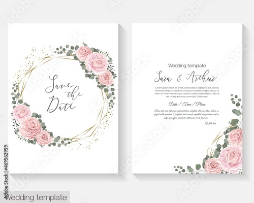 Floral design for wedding invitation. Gold frame, pink roses, branches with leaves, eucalyptus, green leaves and plants.