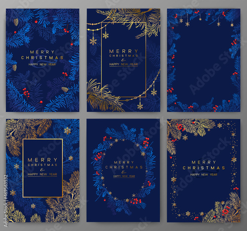 Christmas deep blue Poster set. Vector of Christmas cards with golden branches of Christmas tree and snowflakes.