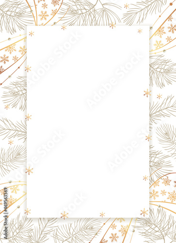 Christmas Poster on white. Vector frame of Christmas Background with golden snowflakes and a garland with pearls