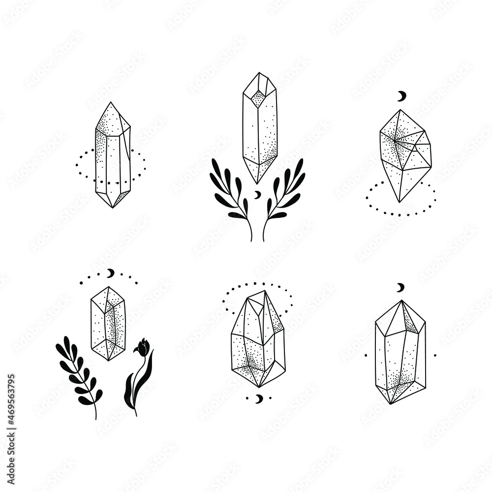 Bundle of doodle hand drawn magical crystals decorated with moon, stars and flowers. Pretty freehand vector objects with texture isolated on white background.