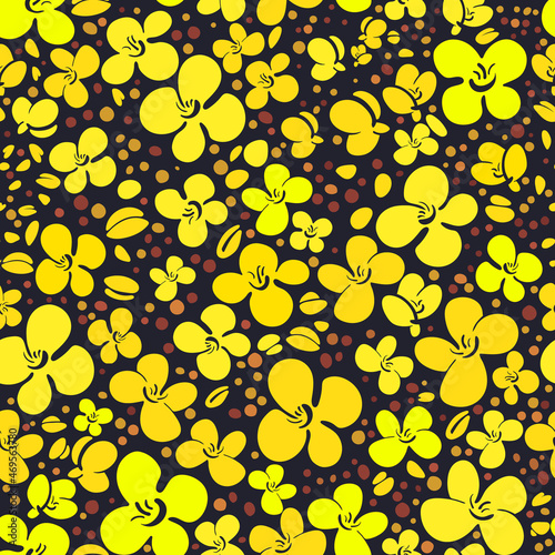 Mustard flower and seed seamless pattern. Vector