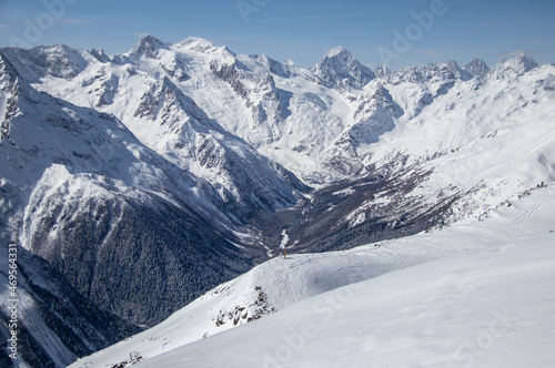 snowy valley between the mountains of the Caucasus