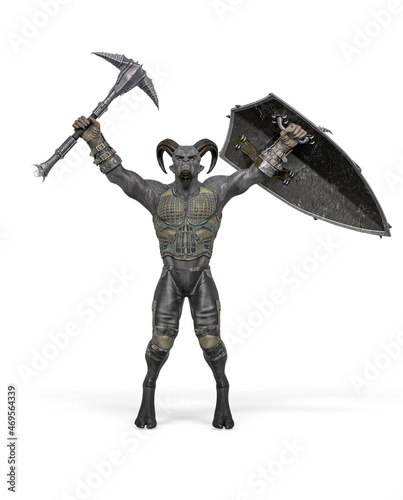 evil warrior is holding up an axe and shield with anger