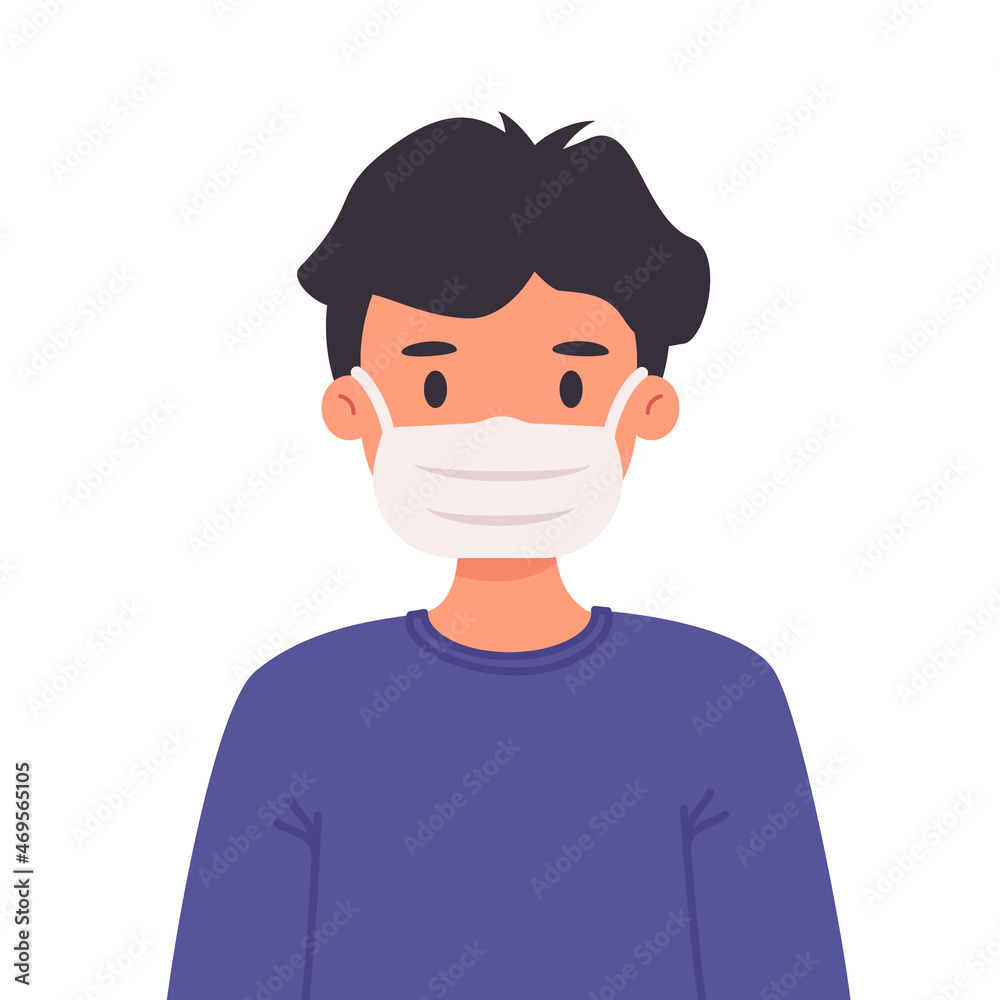 Boy with modern hairstyle in medical mask. Children's avatar during COVID-19 coronavirus pandemic. Colorful flat vector illustration isolated on white background