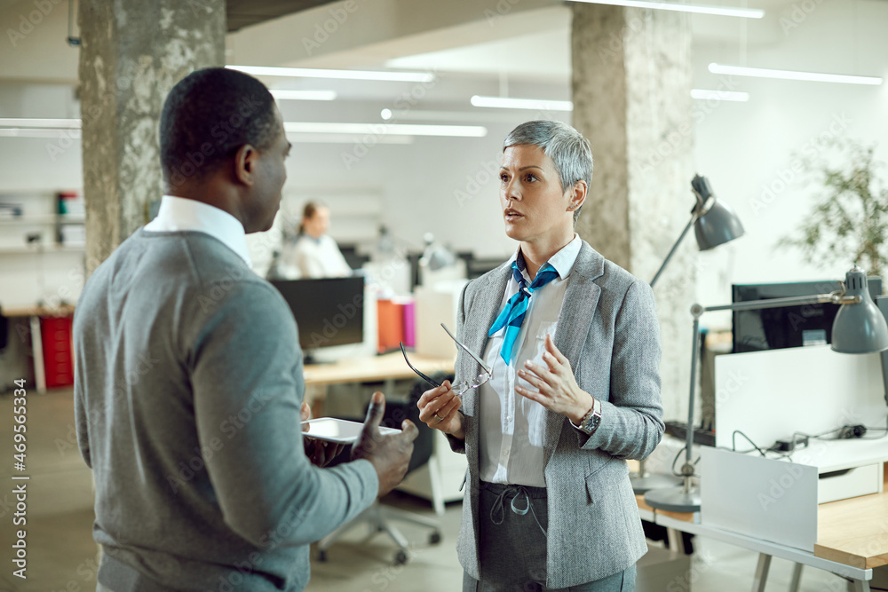 Fototapeta premium Female CEO talks to African American businessman during briefing at corporate office.