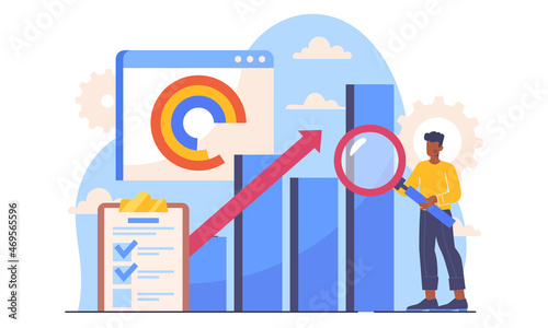 Benchmarking business concept. Man with magnifying glass in his hands analyzes graph of productivity growth and quality improvement. Increase in company profit. Cartoon flat vector illustration