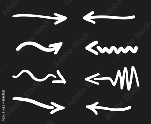 Hand drawn simple arrow. Outlined arrows on isolated background. Elements are drawn in a linear style. Black and white illustration