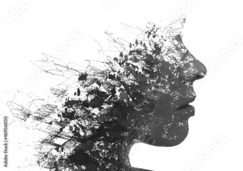 A black and white profile portrait of a woman combined with tangled ink lines and splashes in a paintography technique