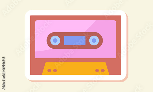 Hippie sticker concept. Colorful icon with cassette. Object for playing music on tape recorder. Design element for social networks, applications and websites. Cartoon modern flat vector illustration