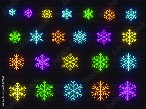 Collection of colorful bright neon snowflake icons. Editable color and brightness. Transparent glow. Brickwall background. Christmas and New Year design decoration. Set 1