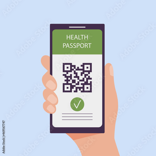 Mobile phone in hand with application showing check mark and QR code as health passport and certificate of vaccination against Covid-19. Flat vector illustration.