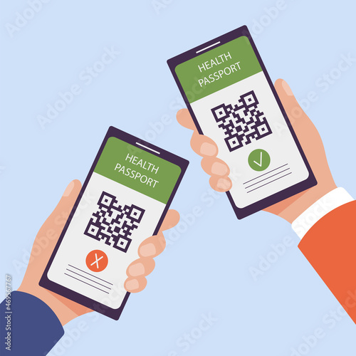 Two smartphones in hands with valid and invalid electronic Covid-19 health passport. Mobile app with QR code and vaccination certificate as proof of immunisation against coronavirus.