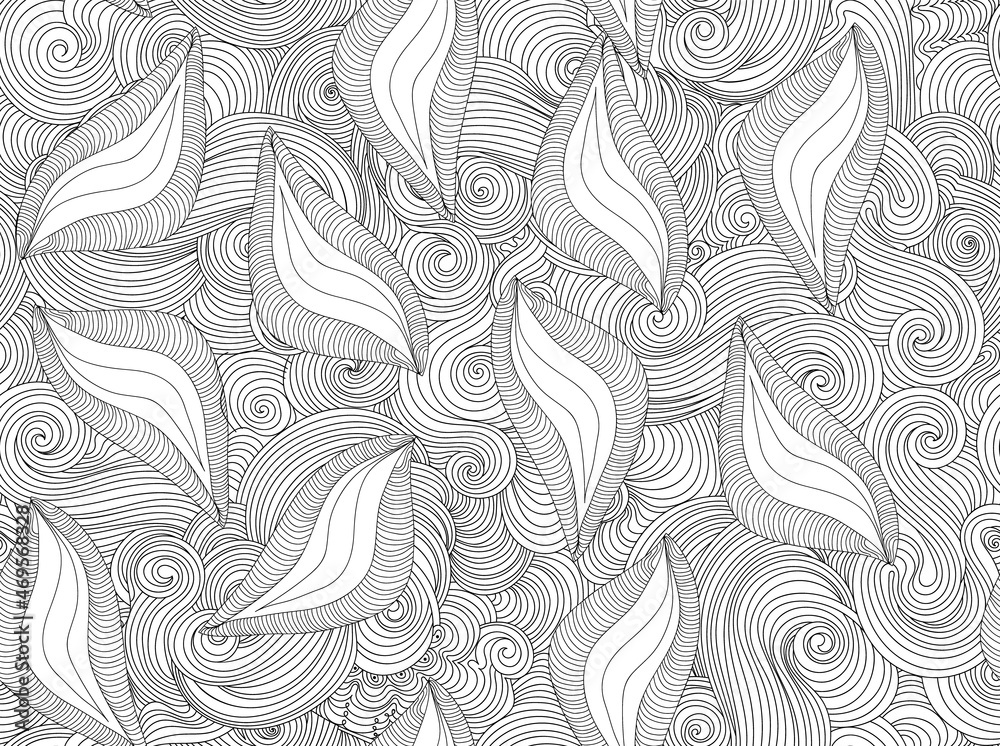 Abstract decorative vector seamless pattern with leaves and curling linear ornament