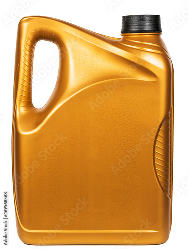 Golden motor oil can. Isolated on white background. Isolate.