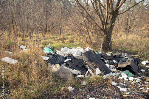 Large heaps of rubbish in the forest area. Massive forest pollution in Ukraine. A garbage heap in the forest