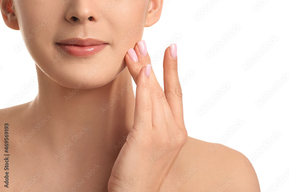 Beautiful woman with hand near face on white background, closeup Beautiful woman with hand near face on white background, closeup