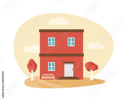 Red residential building. House, bench and trees around. Autumn or winter look. Vector illustration isolated on white background.