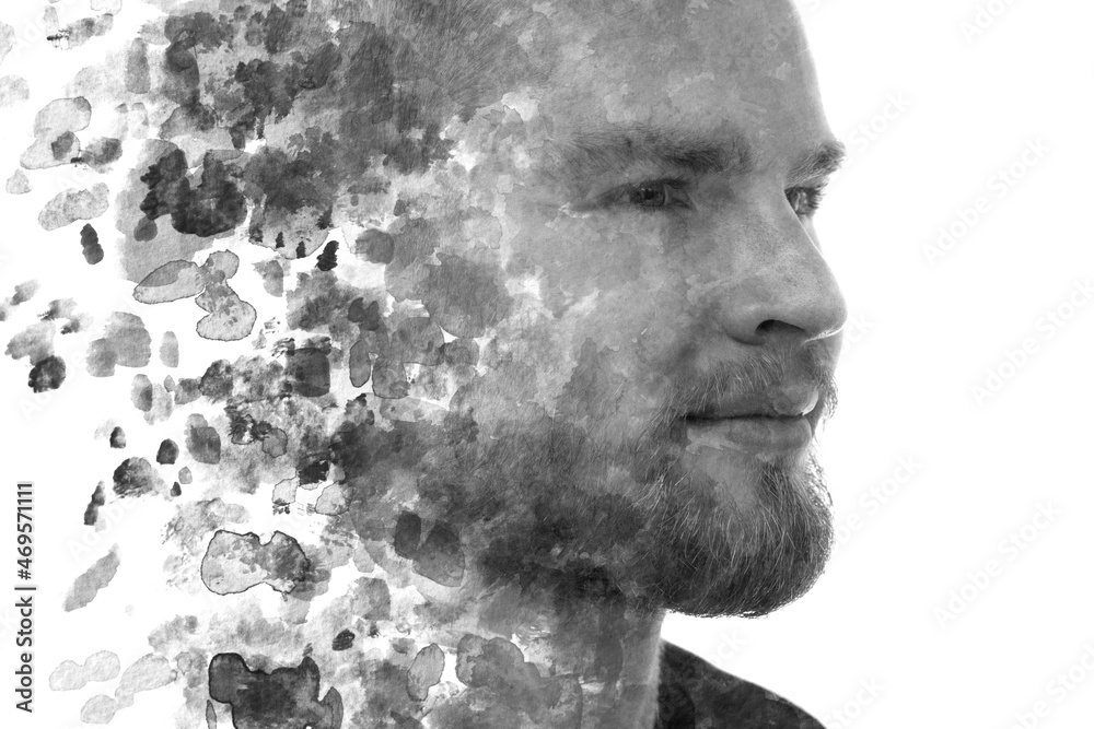 Paintography. A black and white portrait of a handsome man combined with watercolor splashes. Paintography. A black and white portrait of a handsome man combined with watercolor splashes.