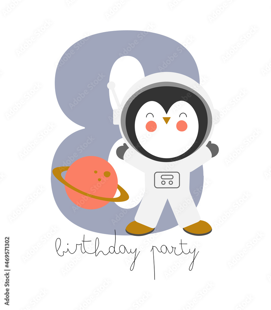 Space Party Invitation Card Template, Birthday Party in Cosmic Style Celebration, Greeting Card, Flyer Cartoon Vector. Kids illustration with bear astronaut and number eight