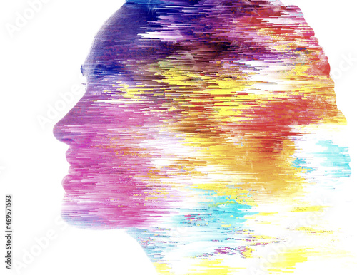 A profile portrait of a woman with colorful visual distortion. Double exposure. photo