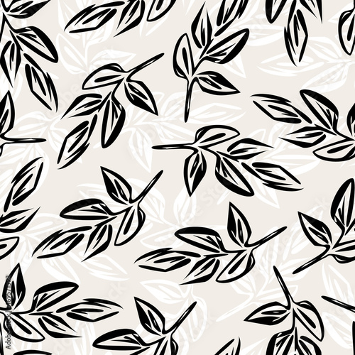 Seamless pattern from Abstract geometric tree branch, leaf. Black dashed outline and white outlines on a gray background. Botanical modern print for fabric, curtains, bedding, paper, cover