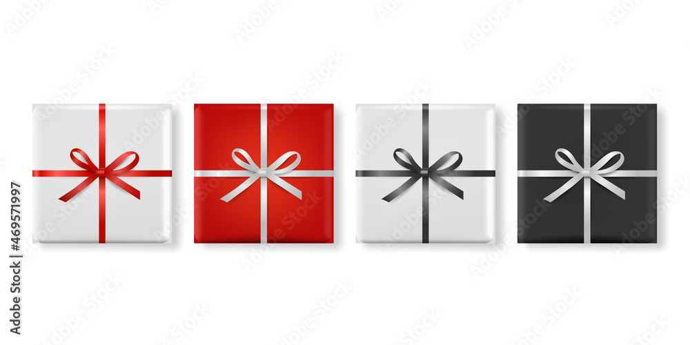 Vector 3d Realistic Paper White, Red, Black Christmas Gift Box, Bow Icon Set Isolated. New Year, Christmas, Valentine Day or Anniversary Concept. Design Template of Christmas Present Packing. Top View Vector 3d Realistic Paper White, Red, Black Christmas Gift Box, Bow Icon Set Isolated. New Year, Christmas, Valentine Day or Anniversary Concept. Design Template of Christmas Present Packing. Top View