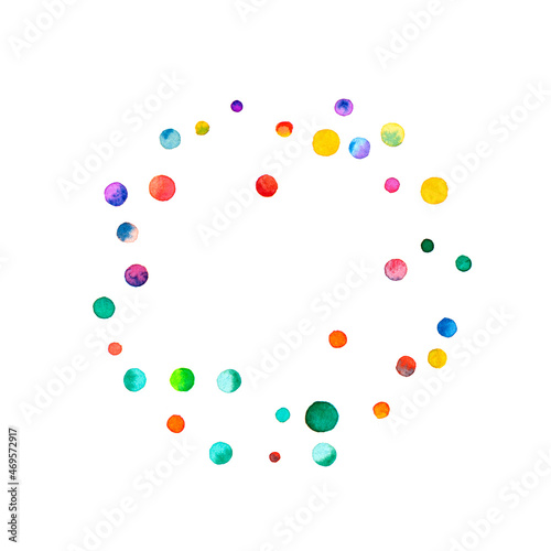 Watercolor confetti on white background. Actual rainbow colored dots. Happy celebration square colorful bright card. Nice hand painted confetti.