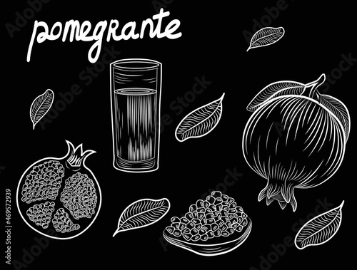 Pomegrante, fruits, juice chalk vector illustration on dark background. Concept for logo, print, cards