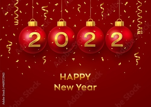 Happy New Year 2022. Hanging Red Christmas bauble balls with realistic golden 3d numbers 2022 and glitter confetti. Greeting card. Holiday Xmas and New Year poster, banner, flyer. Vector Illustration